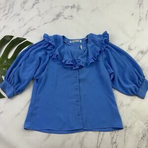 Loubella Womens Vintage 80s Ruffle Blouse Top Size 12 Light Blue Flutter